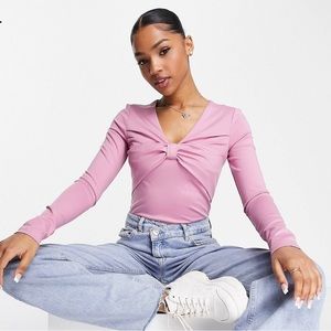 ASOS Urban Revivo Bow Front Long Sleeve Pink Top